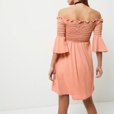 Pink ruched bardot dress